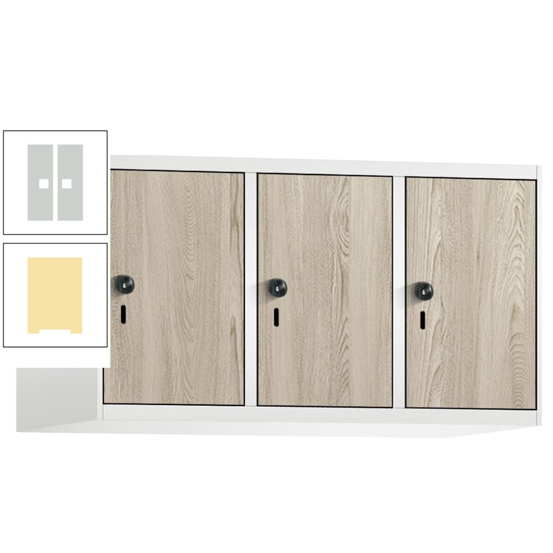 Aufsatzschrank, Schrankaufsatz, 3 Fächer a 300 mm, Farbe Pastellgelb, Tür anthrazitgrau, 500 x 900 x 500 mm (HxBxT)