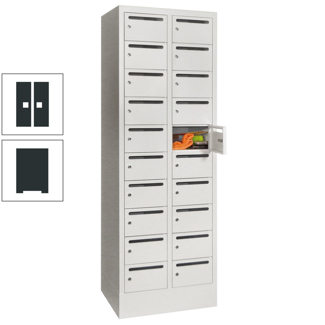 Postverteilerschrank, Schließfachschrank, 2 Abteile a 300 mm, 20 Fächer, 1.850 x 600 x 500 mm (HxBxT), Korpus anthrazitgrau, Front anthrazitgrau
