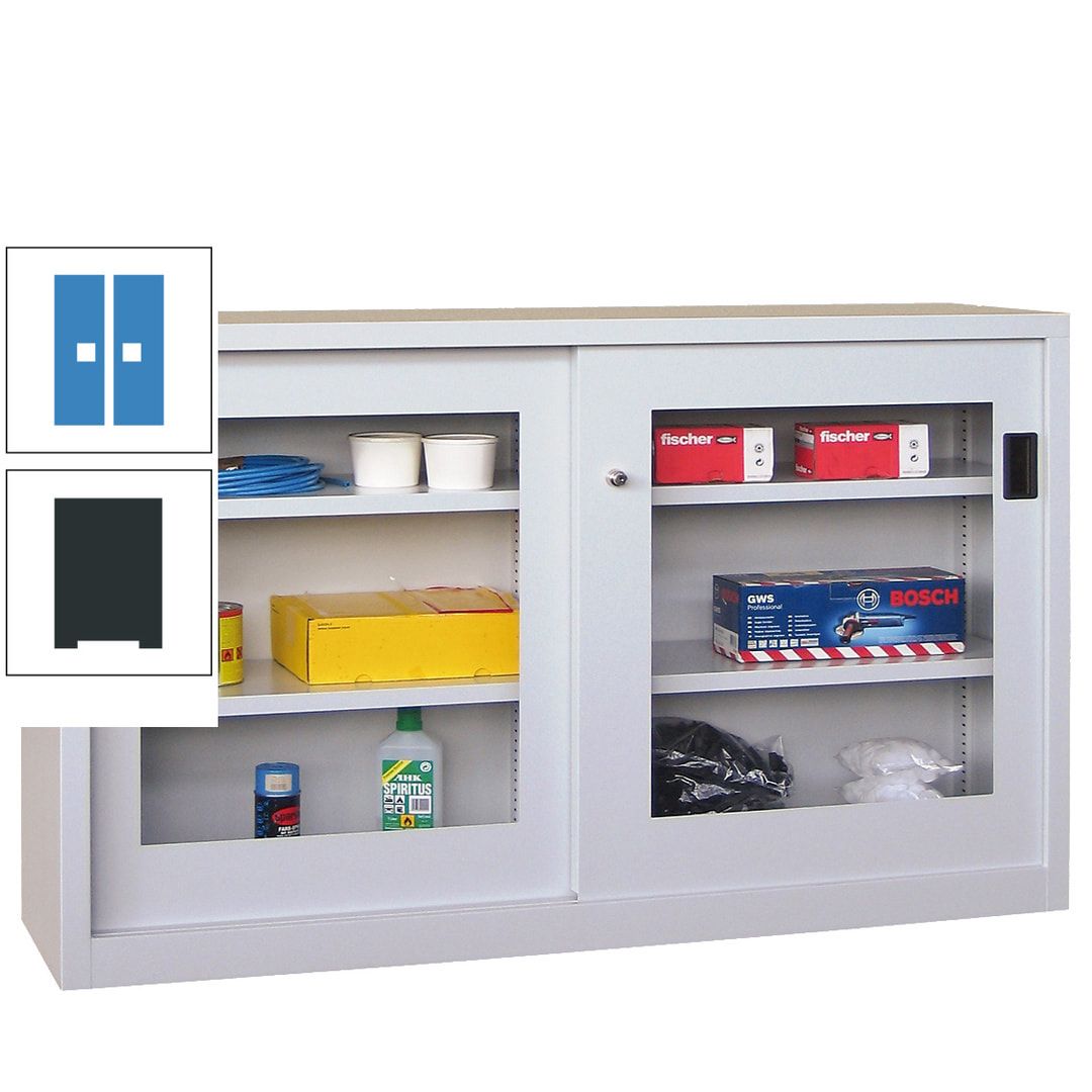 Schiebetürenschrank - Sichtfenstertüren - 1.000x1.500x600 mm (HxBxT) - 4 Böden, verzinkt - Zylinderschloss - anthrazitgrau