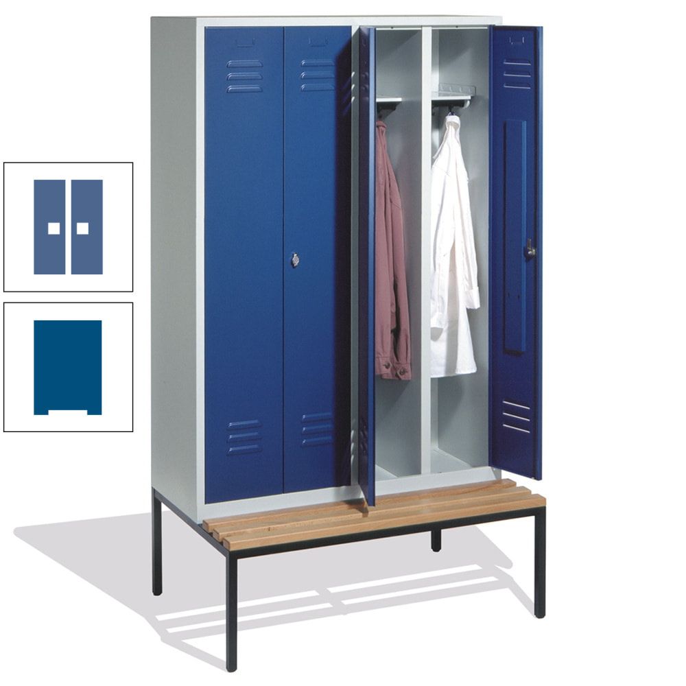 Doppel-Spindschrank, Buche Sitzbank untergebaut, 4 Abteile a 300 mm, Korpus lichtgrau, Tür anthrazitgrau, 2.090 x 1.190 x 815 mm (HxBxT)