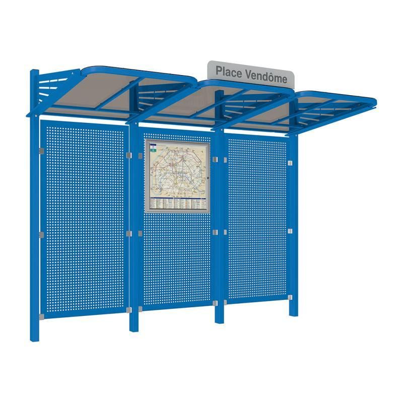 Buswartehalle - Unterstand - Stahlblech Rückwand - Fahrplankasten - Haltestellenschild - 2.200 x 3.000 x 1.500 mm (HxBxT) - enzianblau