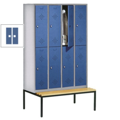 Garderobenschrank, Spind, 4 Abteile 8 Fächer, 2.090 x 1.190 x 815 mm (HxBxT), Hartholz Sitzbank untergebaut, Korpus anthrazitgrau, Türen anthrazitgrau