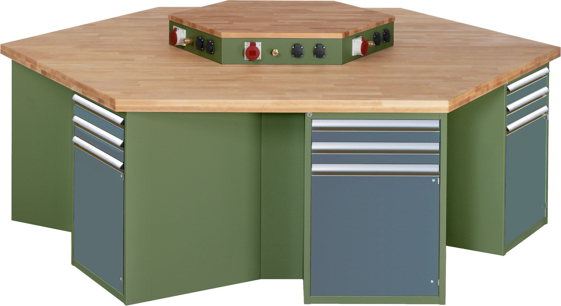 Gruppenwerkbank, Buche, Höhe 840 mm, mit Energieaufsatz, Unterbau-Container, 2 Schubladen, 1 Tür, 1 Boden - Anthrazitgrau