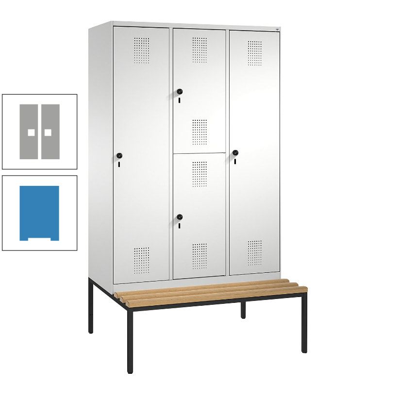 Garderobenschrank, Spind ein- und doppelstöckig Sitzbank, 3 Abteile, 4 Fächer, 2.090x1.200x500 mm (HxBxT), Front anthrazitgrau, Korpus anthrazitgrau