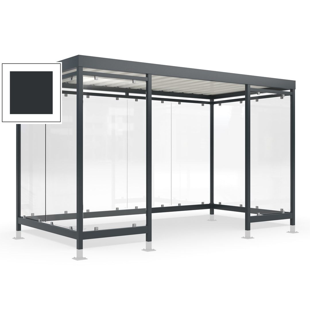 Raucherunterstand für 12-13 Personen, Bushaltestelle, mit Überpflasterung, 2.440 x 4.195 x 2.165 mm (HxBxT), 10 Wände, Achatgrau