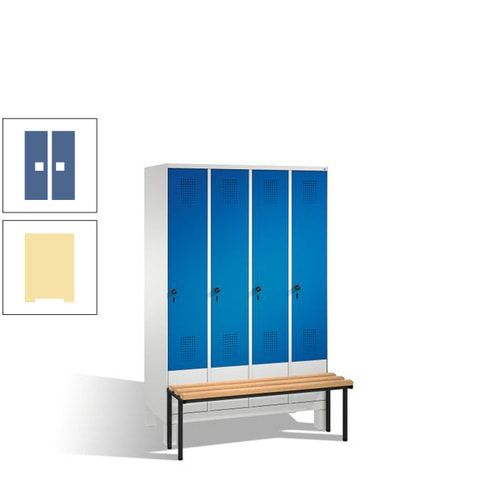 Stahl-Garderobenschrank, Spind, Buche Sitzbank vorgebaut, 4 Abteile a 300 mm, Korpus Lichtgrün, Tür Schwefelgelb, 1.850 x 1.200 x 815 mm (HxBxT)