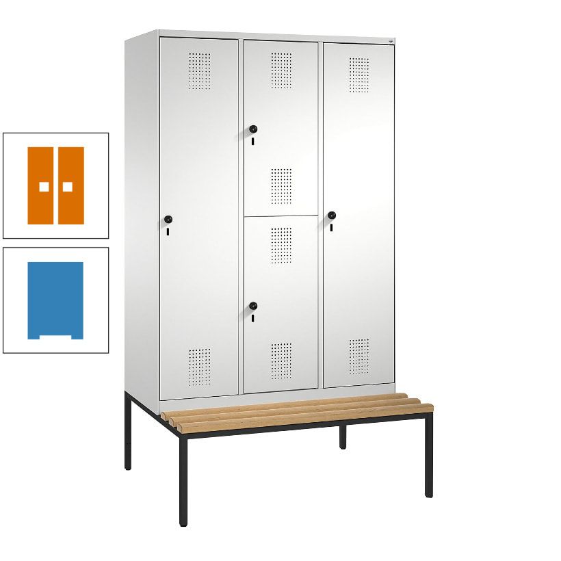 Garderobenschrank, Spind ein- und doppelstöckig Sitzbank, 3 Abteile, 4 Fächer, 2.090x1.200x500 mm (HxBxT), Front anthrazitgrau, Korpus anthrazitgrau
