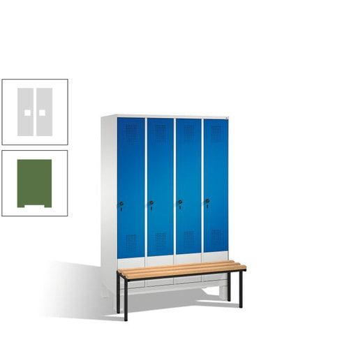 Stahl-Garderobenschrank, Spind, Buche Sitzbank vorgebaut, 4 Abteile a 300 mm, Korpus Lichtgrün, Tür Schwefelgelb, 1.850 x 1.200 x 815 mm (HxBxT)