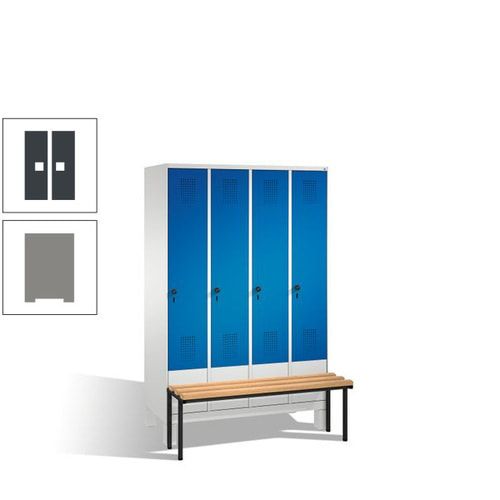 Stahl-Garderobenschrank, Spind, Buche Sitzbank vorgebaut, 4 Abteile a 300 mm, Korpus Lichtgrün, Tür Schwefelgelb, 1.850 x 1.200 x 815 mm (HxBxT)