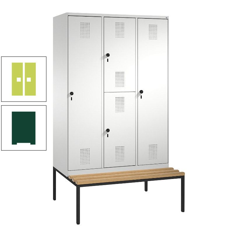 Garderobenschrank, Spind ein- und doppelstöckig Sitzbank, 3 Abteile, 4 Fächer, 2.090x1.200x500 mm (HxBxT), Front anthrazitgrau, Korpus anthrazitgrau