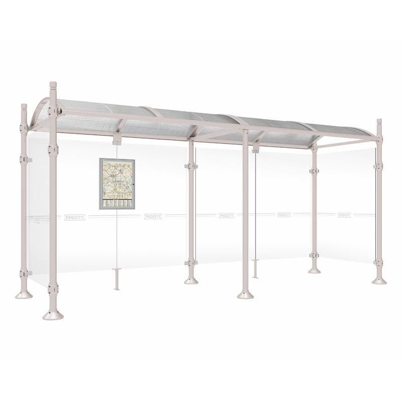 Buswartehalle, Unterstand, 2 Seitenwände, Kopf gebürsteter Edelstahl, ESG, Fahrplanschaukasten, 2.500 x 2.500 x 1.600 mm (HxBxT), Farbe enzianblau