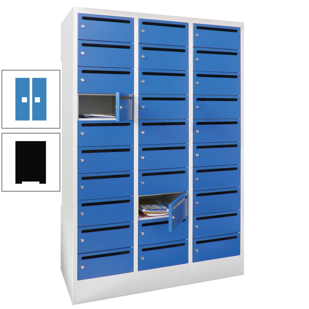Postverteilerschrank, Schließfachschrank, 3 Abteile a 300 mm, 30 Fächer, 1.850 x 900 x 500 mm (HxBxT), Korpus anthrazitgrau, Front anthrazitgrau