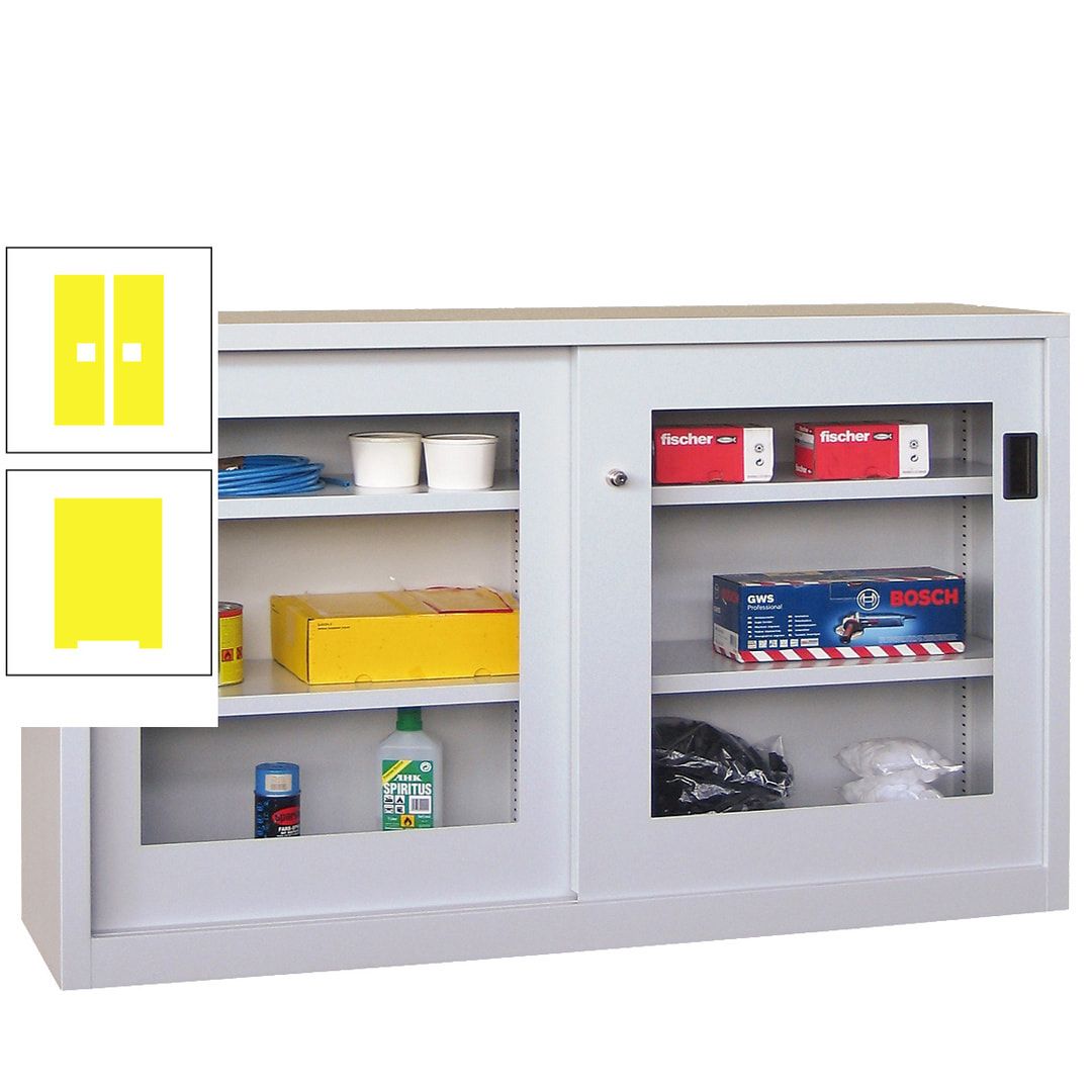 Schiebetürenschrank - Sichtfenstertüren - 1.000x1.500x600 mm (HxBxT) - 4 Böden, verzinkt - Zylinderschloss - anthrazitgrau