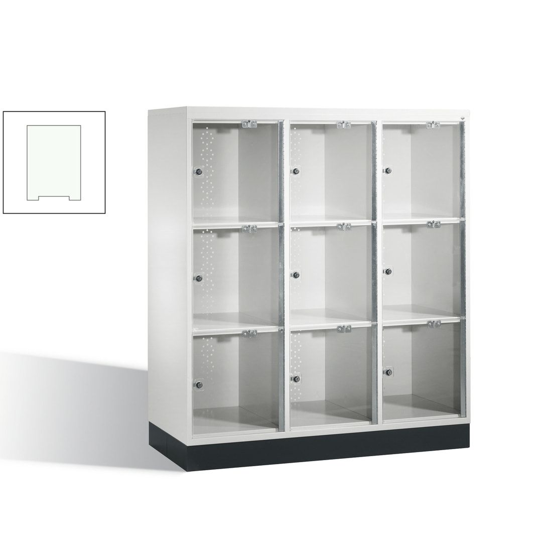 Schließfachschrank, Fächerschrank mit Türen aus Acrylglas, 3 Abteile, 9 Fächer, Zylinderschloss, 1.370 x 1.220 x 500 mm (HxBxT), Korpus anthrazitgrau