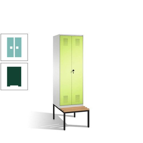 Doppel-Spind, Garderobenschrank, Buche Sitzbank untergebaut, 2 Abteile a 300 mm, Korpus anthrazitgrau, Tür anthrazitgrau, 2.090 x 600 x 815 mm (HxBxT)
