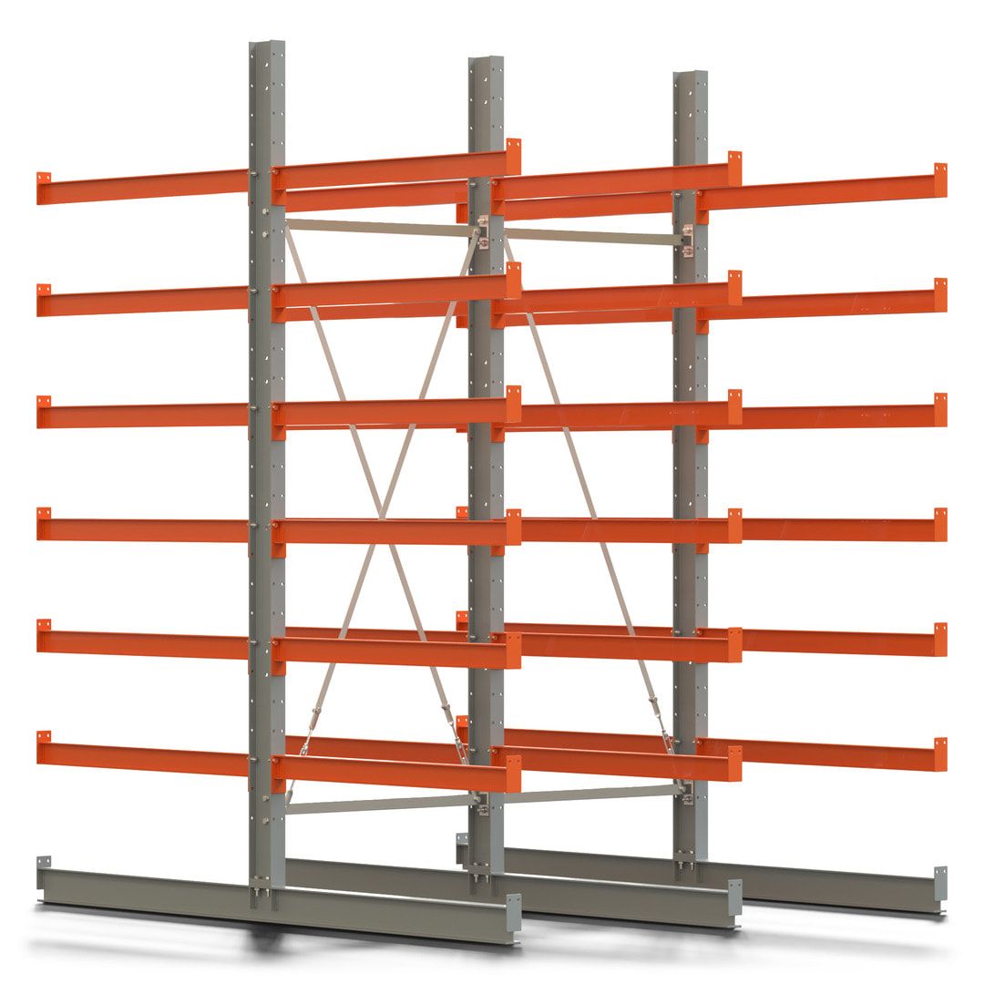 Doppelseitiges Kragarmregal, 2 Felder, 3.000 x 2.000 x 1.120 mm (HxBxT), Nutztiefe 500 mm, Kragarmlast 870 kg, KARL basic, silbergrau/reinorange