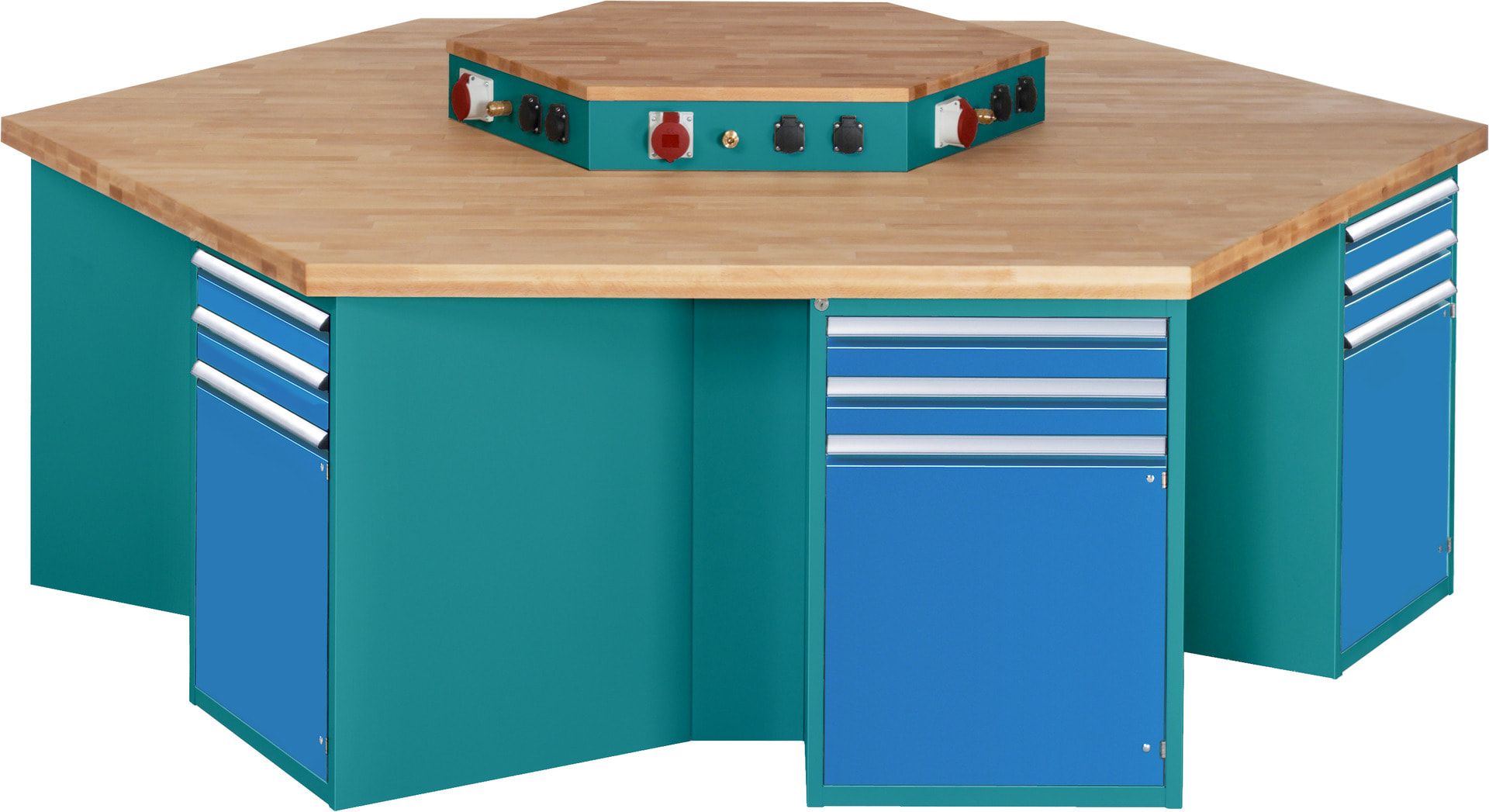 Gruppenwerkbank, Buche, Höhe 840 mm, mit Energieaufsatz, Unterbau-Container, 2 Schubladen, 1 Tür, 1 Boden - Anthrazitgrau