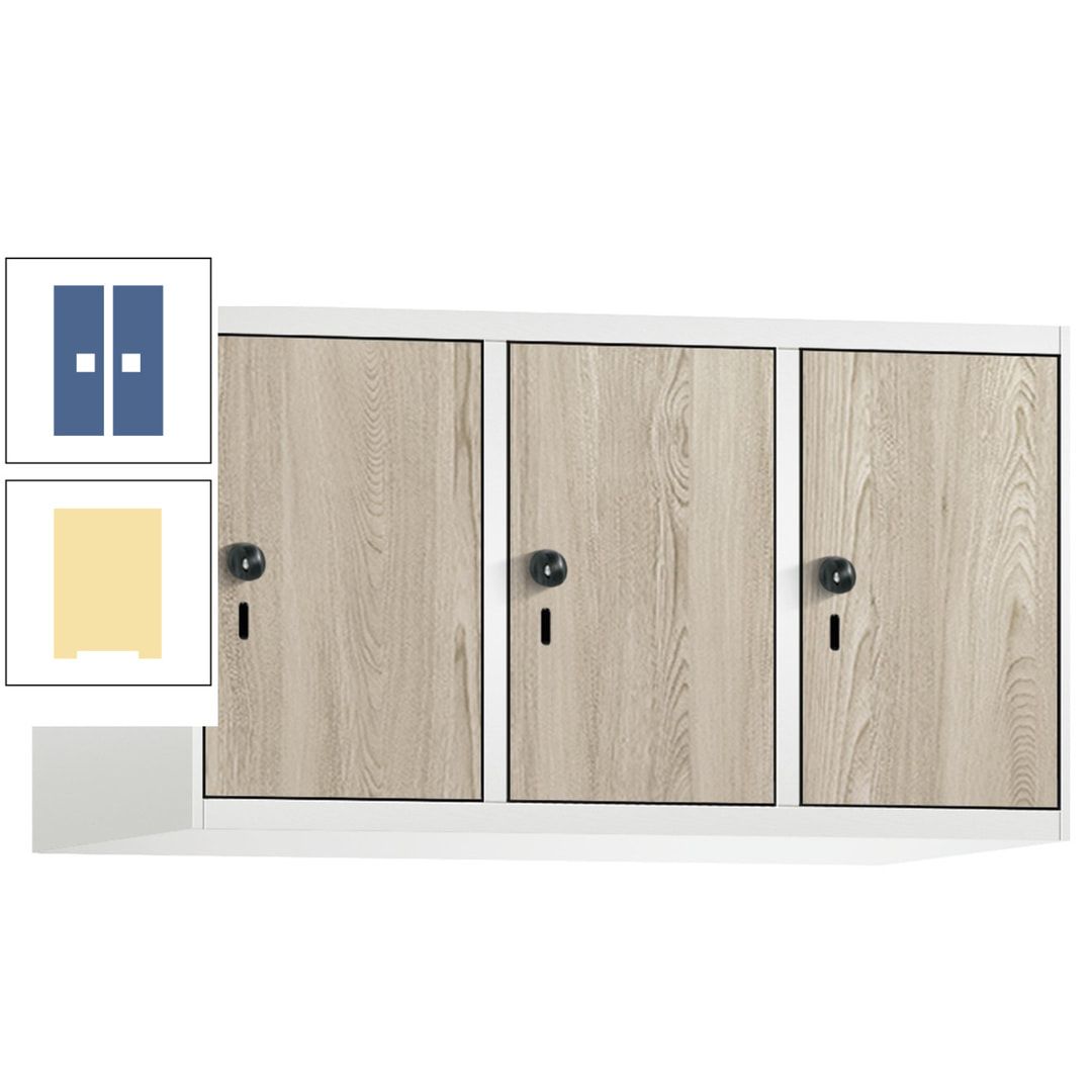 Aufsatzschrank, Schrankaufsatz, 3 Fächer a 300 mm, Farbe Pastellgelb, Tür anthrazitgrau, 500 x 900 x 500 mm (HxBxT)