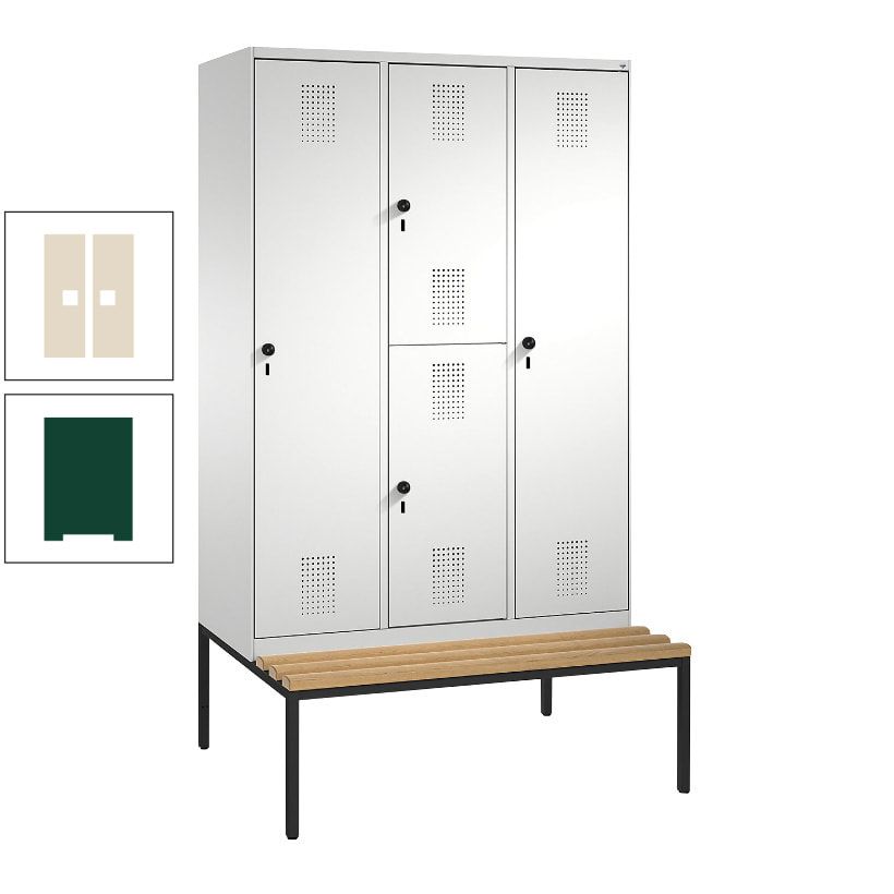 Garderobenschrank, Spind ein- und doppelstöckig Sitzbank, 3 Abteile, 4 Fächer, 2.090x1.200x500 mm (HxBxT), Front anthrazitgrau, Korpus anthrazitgrau