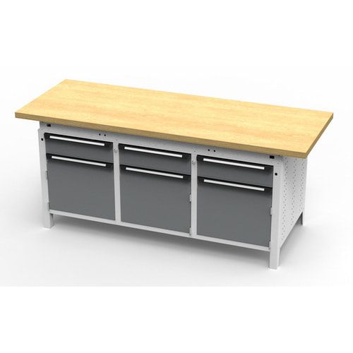 OTTOKIND Werkbank - bündige Arbeitsplatte - 850 x 1.695 x 750 mm (HxBxT) - 3 Schubladen - 3 Schränke - lichtgrau