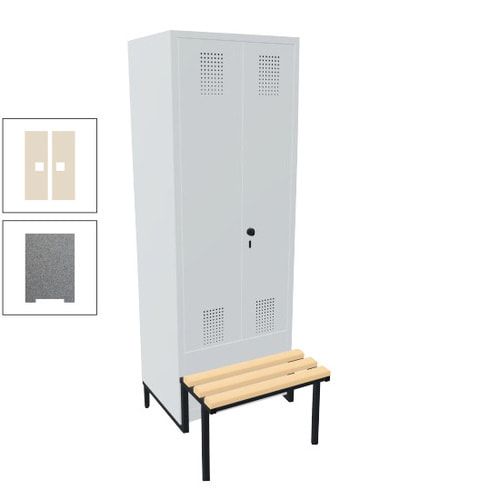 Doppel-Spind, Garderobenschrank, Buche Sitzbank integriert, 2 Abteile a 400 mm, Korpus anthrazitgrau, Tür anthrazitgrau, 1.850 x 800 x 815 mm (HxBxT)