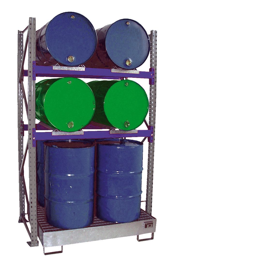 Fassregal - Auffangwanne mit Gitterrost - für 8 x 200 l Fässer - 2 Ebenen - Anbauregal