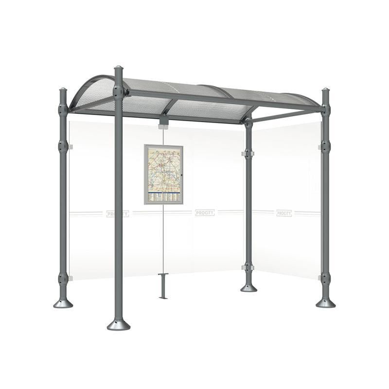 Buswartehalle, Unterstand, 2 Seitenwände, Kopf gebürsteter Edelstahl, ESG, Fahrplanschaukasten, 2.500 x 2.500 x 1.600 mm (HxBxT), Farbe enzianblau