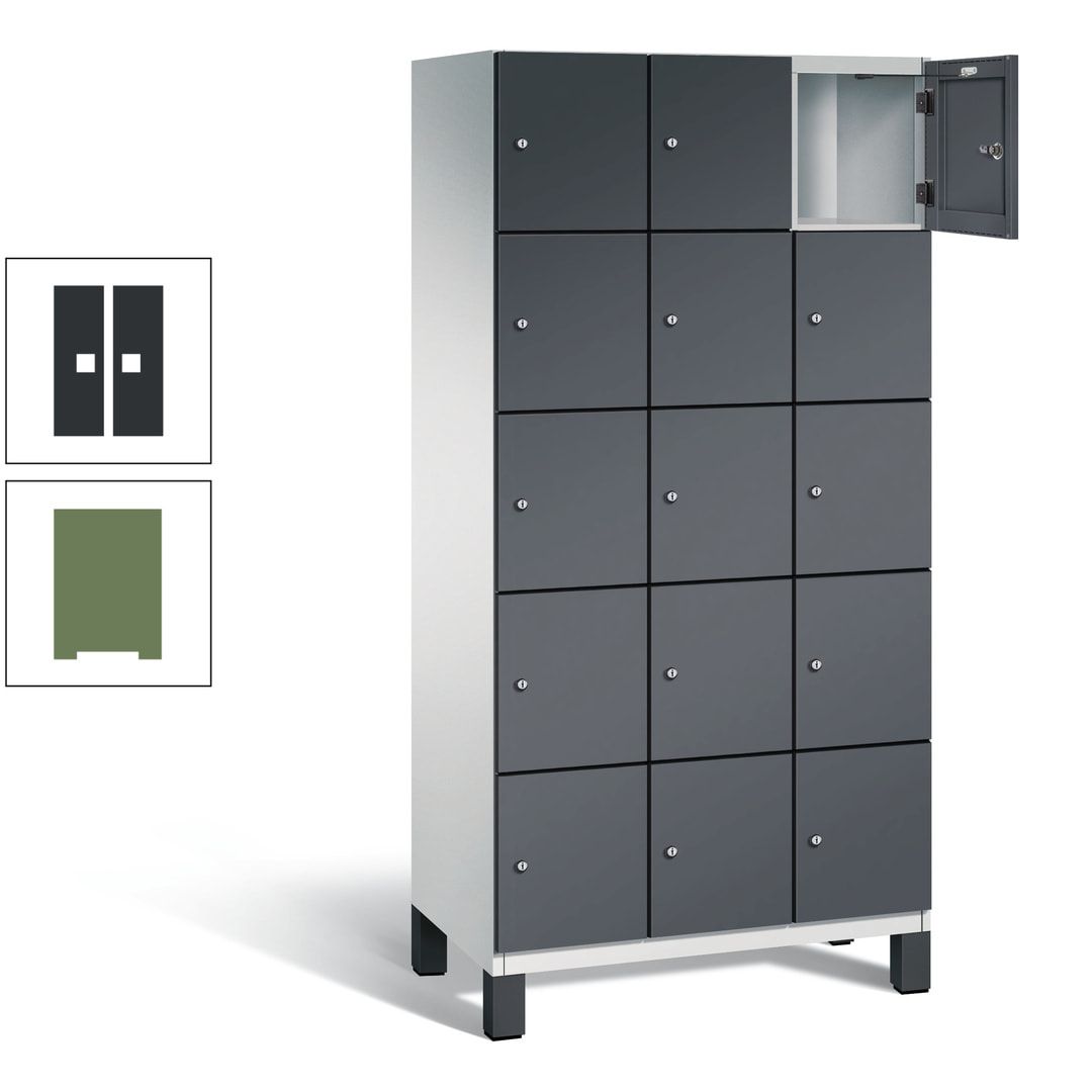 Fächerschrank, Stahlschrank, 15 Fächer, Türöffnungsbegrenzer, Füße, 1.980 x 900 x 525 mm (HxBxT), Korpus anthrazitgrau, Front anthrazitgrau