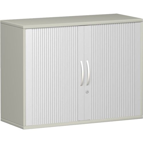 Querrollladenschrank, Dekoreinlageboden, Metallsockel/Standfüße, abschließbar, 768 x 1.000 x 425 mm (HxBxT), Korpusfarbe Ahorn, Frontfarbe silber