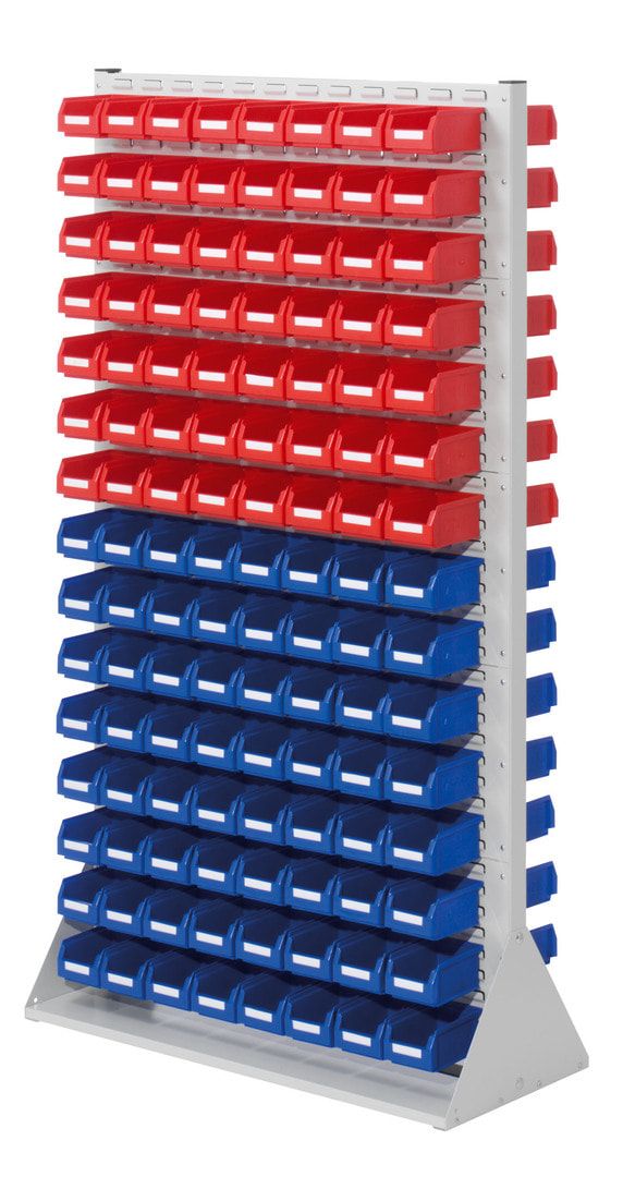 Stationäre Regalwand - Schlitzwand für Sichtlagerkästen - beidseitig - mit 132 Kästen bestückt - 1.790 x 1.000 x 430 mm (HxBxT)