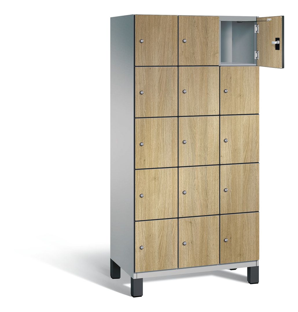 Fächerschrank, Stahlschrank, 15 Fächer, Türöffnungsbegrenzer, Füße, 1.980 x 900 x 525 mm, Korpus anthrazitgrau, Dekorfront HPL Donau-Ahorn