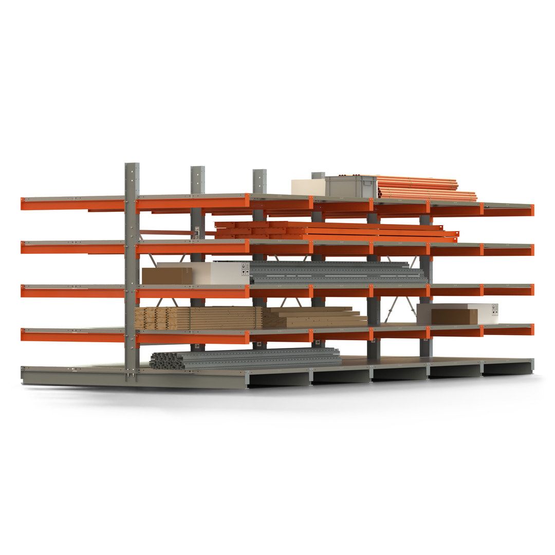 Doppelseitiges Kragarmregal mit Fachböden, 2 Felder, 2.000 x 2.000 (HxB), Nutztiefe 1.000 mm, Kragarmlast 450 kg, KARL basic, silbergrau/reinorange