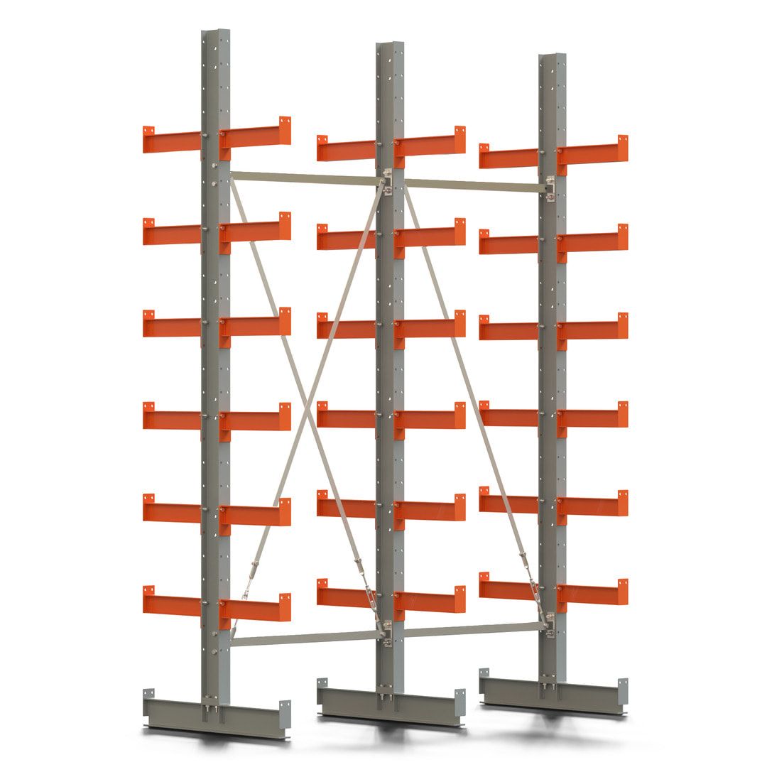 Doppelseitiges Kragarmregal, 2 Felder, 3.000 x 2.000 x 1.120 mm (HxBxT), Nutztiefe 500 mm, Kragarmlast 870 kg, KARL basic, silbergrau/reinorange