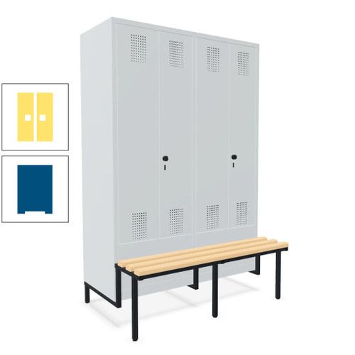 Doppel-Spind, Garderobenschrank, Buche Sitzbank integriert, 4 Abteile 300 mm, Korpus anthrazitgrau, Tür anthrazitgrau, 1.850 x 1.200 x 815 mm (HxBxT)