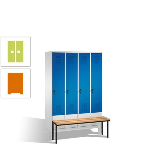 Stahl-Garderobenschrank, Spind, Buche Sitzbank vorgebaut, 4 Abteile a 300 mm, Korpus Lichtgrün, Tür Schwefelgelb, 1.850 x 1.200 x 815 mm (HxBxT)