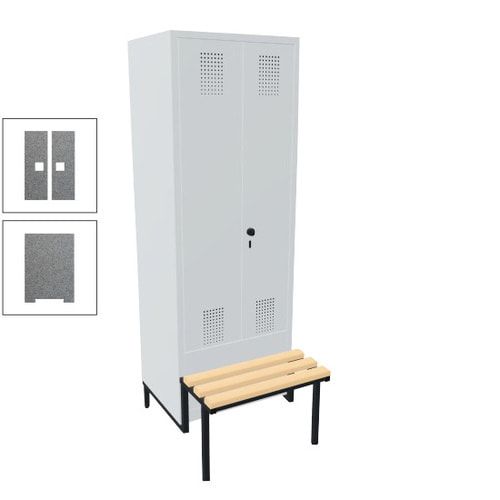 Doppel-Spind, Garderobenschrank, Buche Sitzbank integriert, 2 Abteile a 400 mm, Korpus anthrazitgrau, Tür anthrazitgrau, 1.850 x 800 x 815 mm (HxBxT)