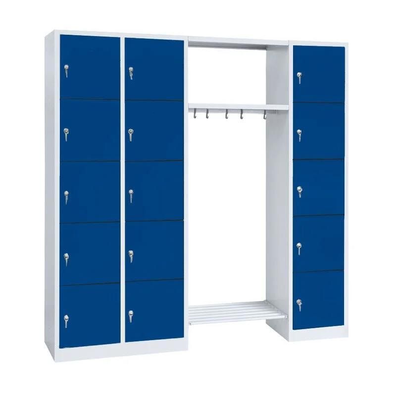Garderobenschrank, Schließfach-Garderobe, 3 Abteile, 15 Fächer, 1.800 x 1.915 x 500 mm (HxBxT), Abteil 300 mm, Korpus lichtgrau, Front enzianblau