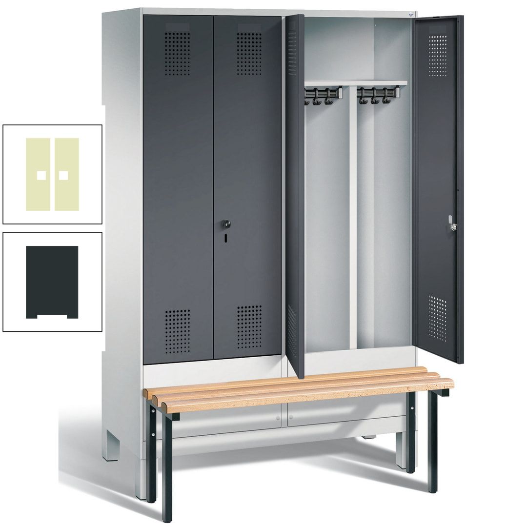 Doppel-Spind, Garderobenschrank, Buche Sitzbank vorgebaut, 4 Abteile a 300 mm, Korpus feuerrot, Tür Wasserblau, 1.850 x 1.200 x 815 mm (HxBxT)