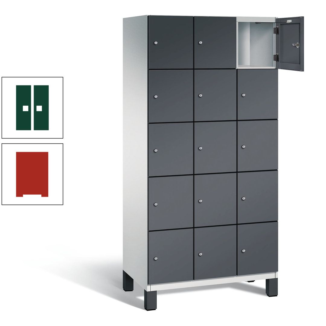 Fächerschrank, Stahlschrank, 15 Fächer, Türöffnungsbegrenzer, Füße, 1.980 x 900 x 525 mm (HxBxT), Korpus anthrazitgrau, Front anthrazitgrau