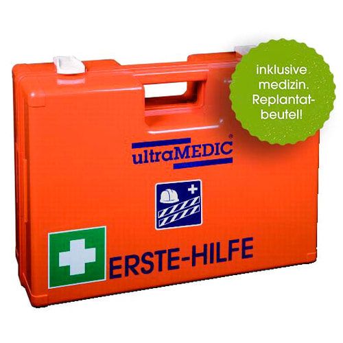 ultraMEDIC Erste-Hilfe-Koffer, Verbandkasten, Baustelle, mit Füllsortiment, nach DIN 13157, Augenspülung, 300 x 430 x 145 mm (HxBxT), ABS, orange