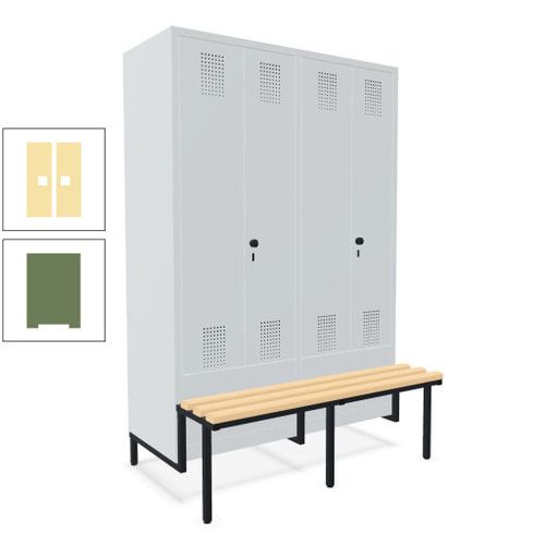 Doppel-Spind, Garderobenschrank, Buche Sitzbank integriert, 4 Abteile 300 mm, Korpus anthrazitgrau, Tür anthrazitgrau, 1.850 x 1.200 x 815 mm (HxBxT)