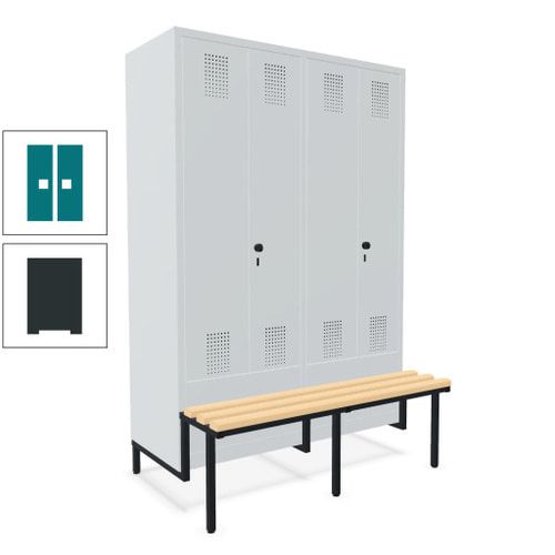 Doppel-Spind, Garderobenschrank, Buche Sitzbank integriert, 4 Abteile 300 mm, Korpus anthrazitgrau, Tür anthrazitgrau, 1.850 x 1.200 x 815 mm (HxBxT)