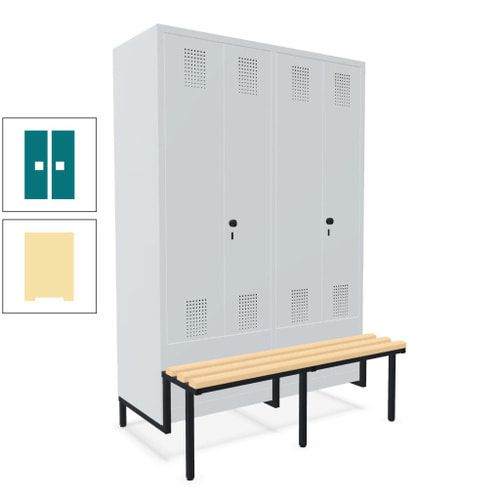 Doppel-Spind, Garderobenschrank, Buche Sitzbank integriert, 4 Abteile 300 mm, Korpus anthrazitgrau, Tür anthrazitgrau, 1.850 x 1.200 x 815 mm (HxBxT)
