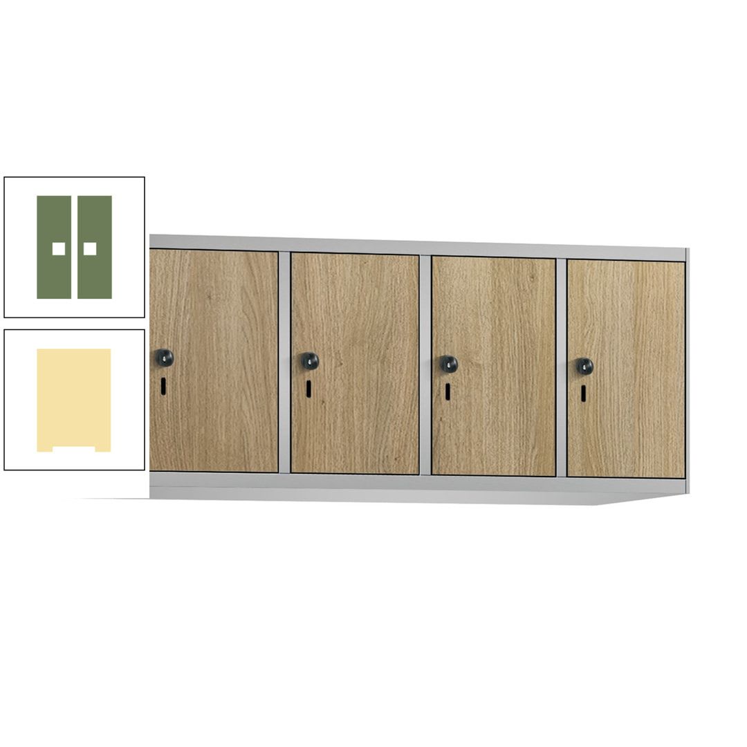 Aufsatzschrank, Schrankaufsatz, 4 Fächer a 300 mm, Farbe Pastellgelb, Tür anthrazitgrau, 500 x 1.200 x 500 mm (HxBxT)