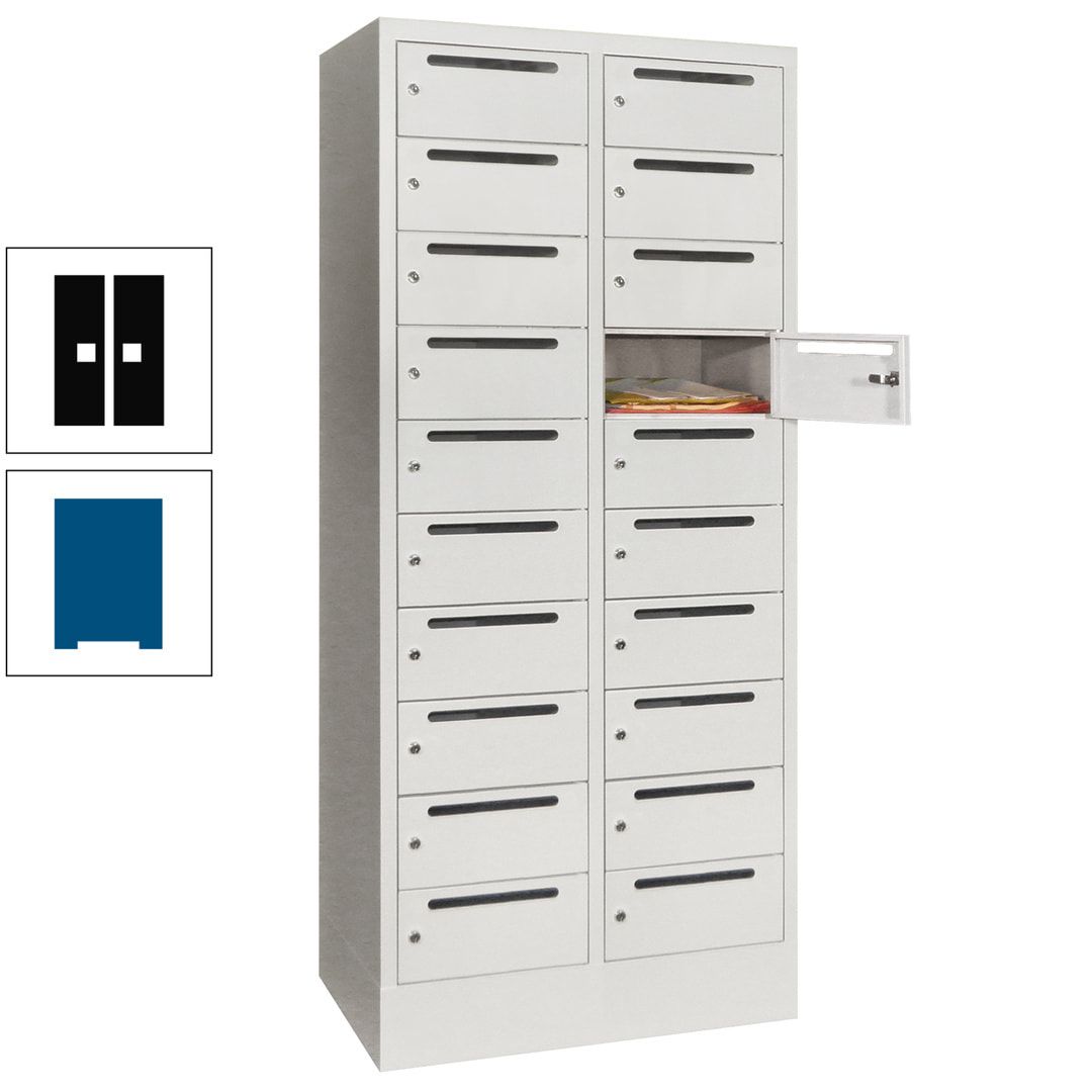 Postverteilerschrank, Schließfachschrank, 2 Abteile a 400 mm, 20 Fächer, 1.850 x 800 x 500 mm (HxBxT), Korpus anthrazitgrau, Front anthrazitgrau