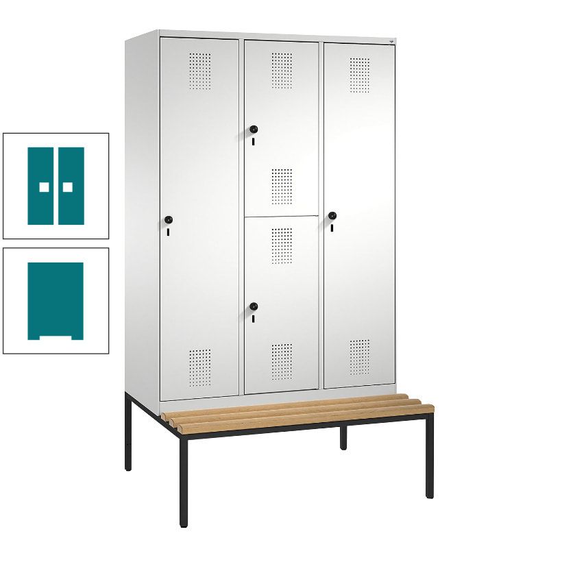 Garderobenschrank, Spind ein- und doppelstöckig Sitzbank, 3 Abteile, 4 Fächer, 2.090x1.200x500 mm (HxBxT), Front anthrazitgrau, Korpus anthrazitgrau