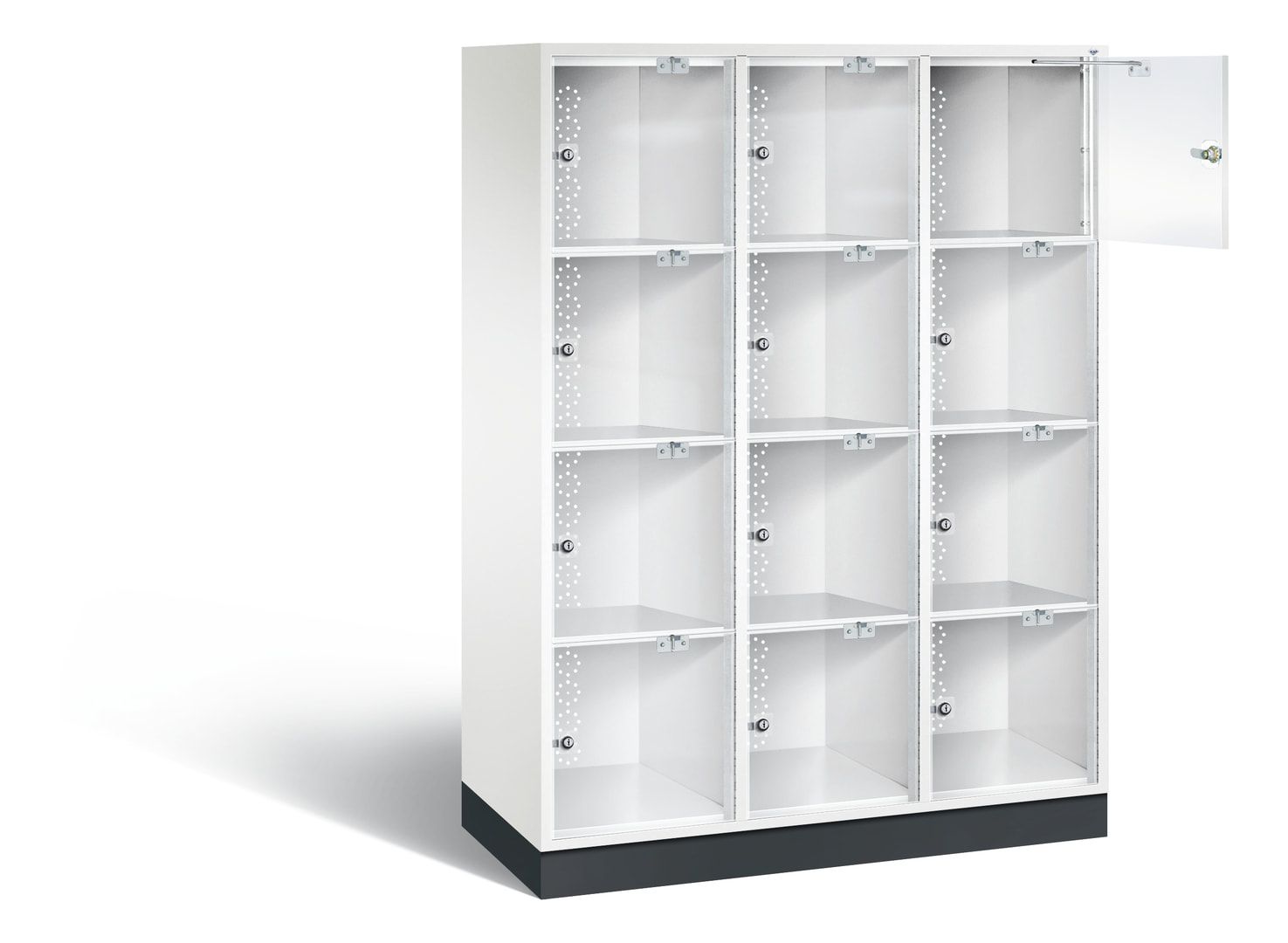 Schließfachschrank, Fächerschrank mit Türen aus Acrylglas, 3 Abteile, 12 Fächer, Zylinderschloss, 1.750 x 1.220 x 500 mm (HxBxT), Korpus anthrazitgrau