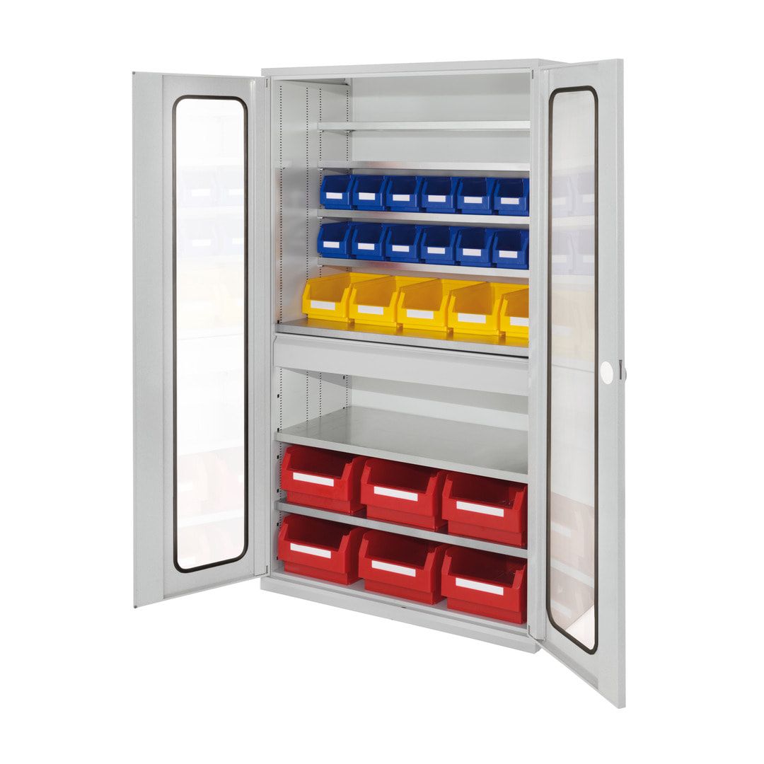 Magazinschrank - 25 Sichtlagerkästen - Lochplattentüren - 1 Schublade - 7 Böden - 1.950 x 1.130 x 590 mm (HxBxT) - lichtgrau