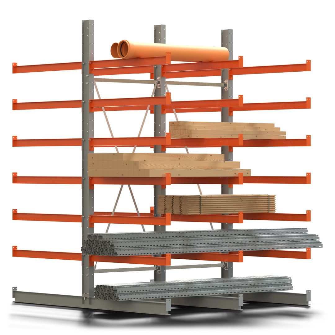 Doppelseitiges Kragarmregal, 2 Felder, 3.000 x 2.000 x 1.120 mm (HxBxT), Nutztiefe 500 mm, Kragarmlast 870 kg, KARL basic, silbergrau/reinorange