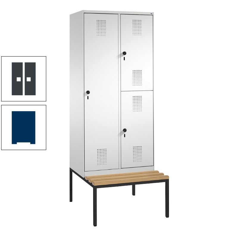 Garderobenschrank, Spind ein- und doppelstöckig Sitzbank, 2 Abteile, 3 Fächer, 2.090 x 800 x 500 mm (HxBxT), Front anthrazitgrau, Korpus anthrazitgrau